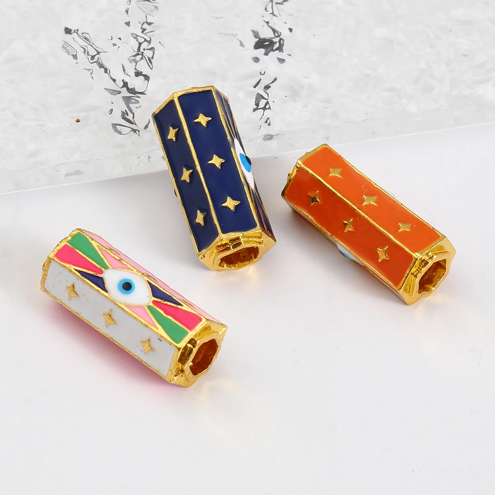 1 Piece Religious Large Hole Charm Beads Enamel Evil Eye Metal Hexagonal Prism Loose Beads Gold Color For DIY Jewelry Pendants