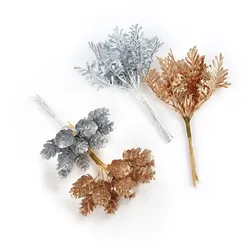 10pcs Christmas Decoration Accessories Gold Silver Pine Cone Leaf DIY Handmade Gift Box Decoration Artificial Flower