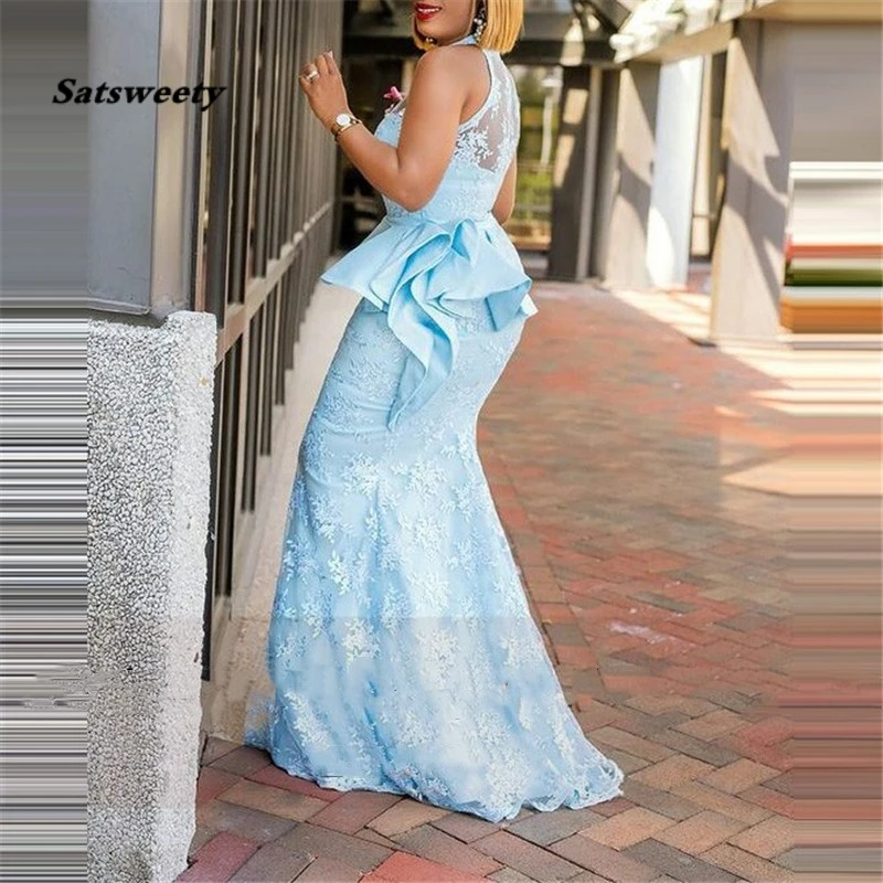 Africa Light Sky Blue Mermaid Prom Dresses Appliques Lace Sleeveless Peplum Special Occasion Party Wear Women Evening Gowns