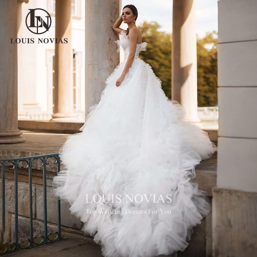 LOUIS NOVIAS Wedding Dresses 2022 Sexy Illusion Tulle Pleat Sweetheart Sleeveless A-Line Puffy Ball Gown Tiered Robe De M