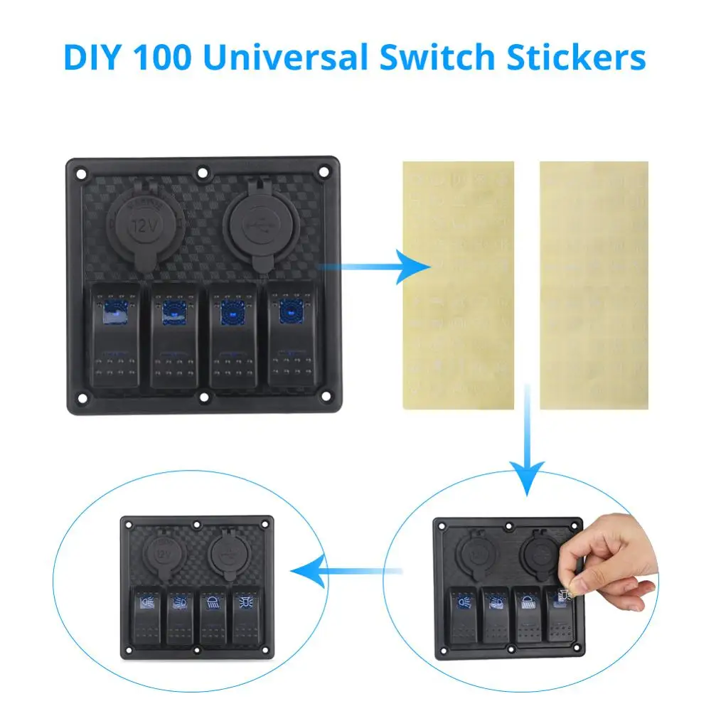 

Universal 4 Gang Switch Panel Dual USB Socket+Cigarette Lighter Waterproof RV Yacht Marine Boat Car Truck Overload Protector