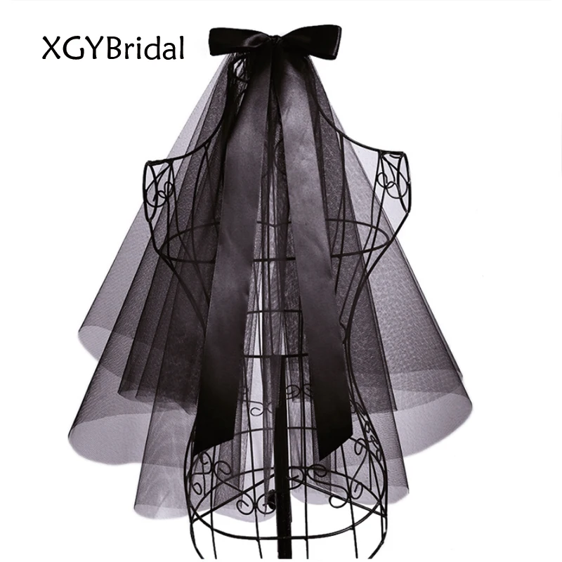 Big Bow Black Bridal Veils Short Ribbon Streamer Retro Dark Halloween Party Wedding Accessories With Hair Comb