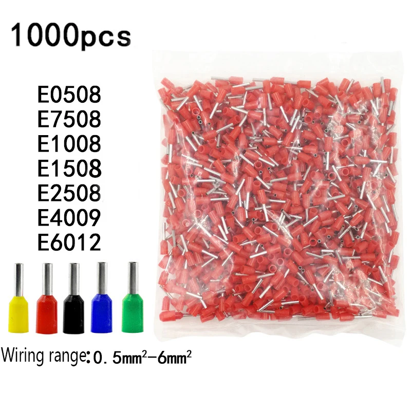 

1000pcs/Pack E0508 E1008 E1508 E2508 E4009 Copper Tube Insulated Ferrules Terminal Wire Connector Electrical Crimp Terminator