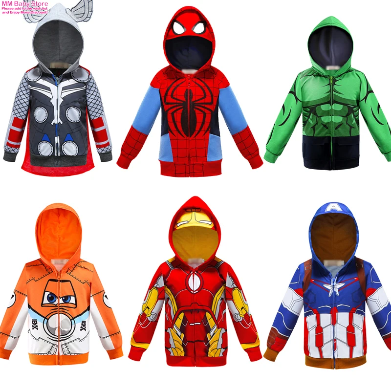 New Autumn Marvel Sweatshirt Hulk Spider-Man Captain America Avengers Sweater Cars Cartoon Top Zipper Hoodie Children's Clothes