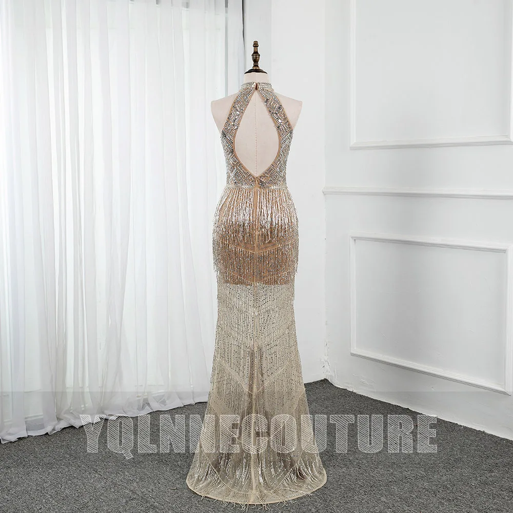 YQLNNE-vestido de noche de lujo con diamantes de Dubái, Halter con cuello largo vestido de noche, cuentas, Espalda descubierta, recto, Sexy, con abertura