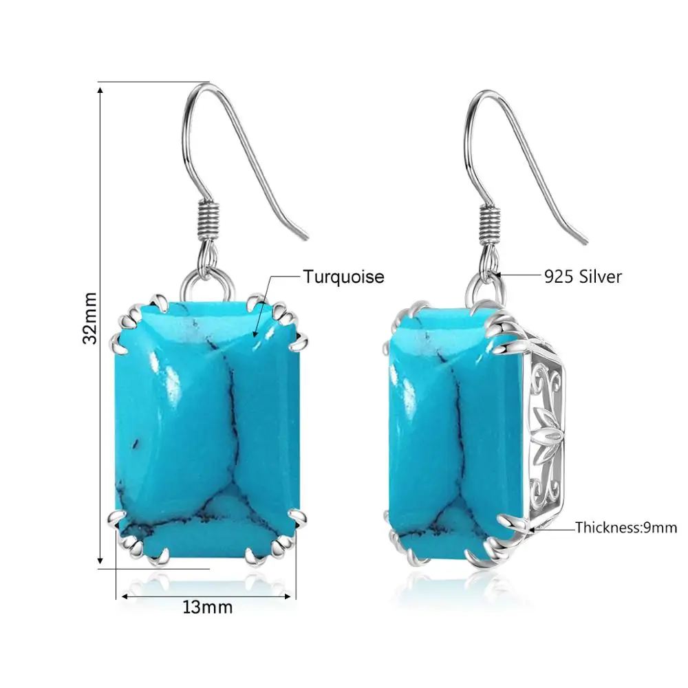 Szjinao Real Women 925 Sterling Silver Earrings Unique Long Designer Earrings Silver 925 Gemstone Turquoise Luxury Jewelry Retro