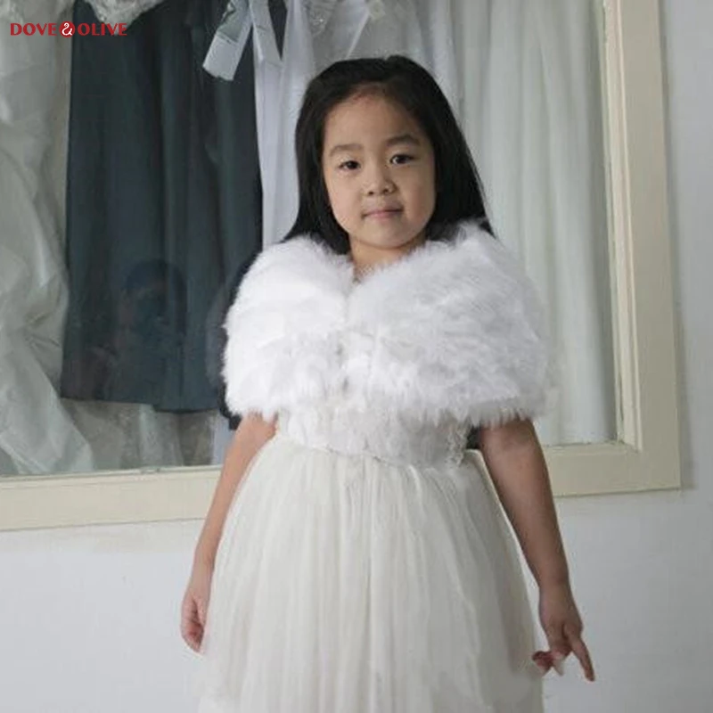 

High Quality Child Faux Fur Wrap Pearl shrug White Flower girl Shawl 3-9 years old Wraps Winter wedding shrugs Bolero Coat