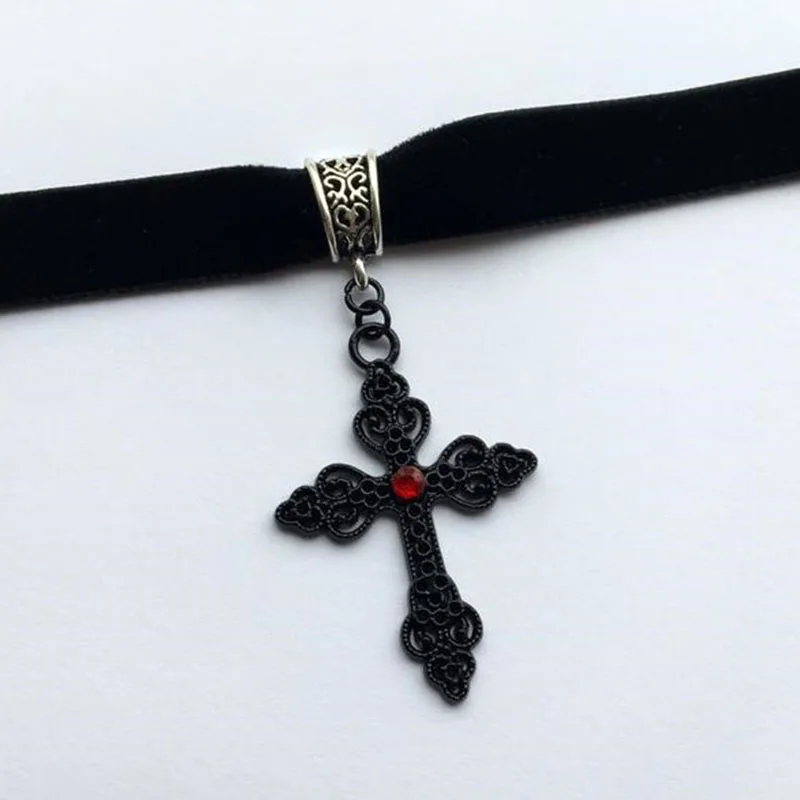 Black Velvet Choker with Gothic Cross - Goth Choker, Gothic Choker