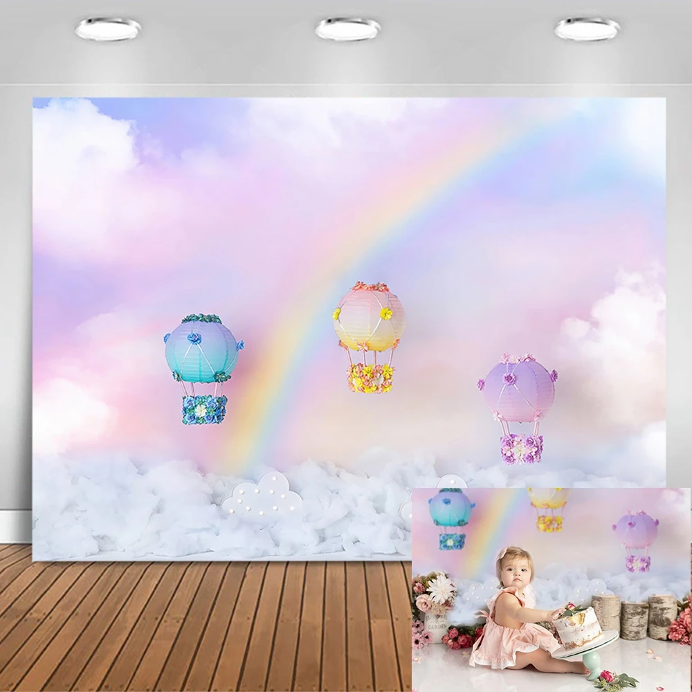 

Rainbow Baby Shower Backdrop Sky White Cloud Hot Air Balloon Baby Portrait Shooting Background Kids Birthday Background Decor