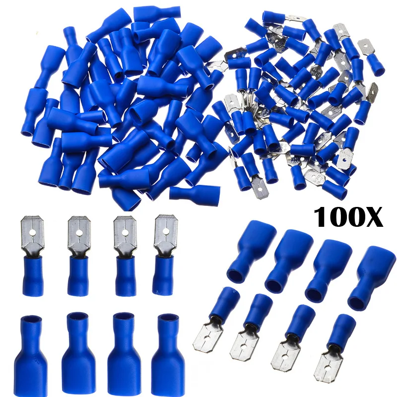 100PCS FDFD2-250 Female Insulated Electrical Crimping Terminal Blue Tongue and Groove Insert Fully Insulated Spade Tube Terminal