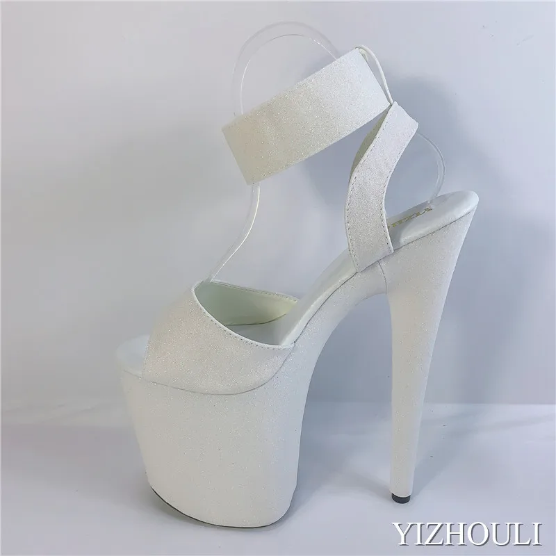 8 inch sandals, white sequined soles with skinny straps for parties, 20 cm high-heeled models, pole dancing shoes