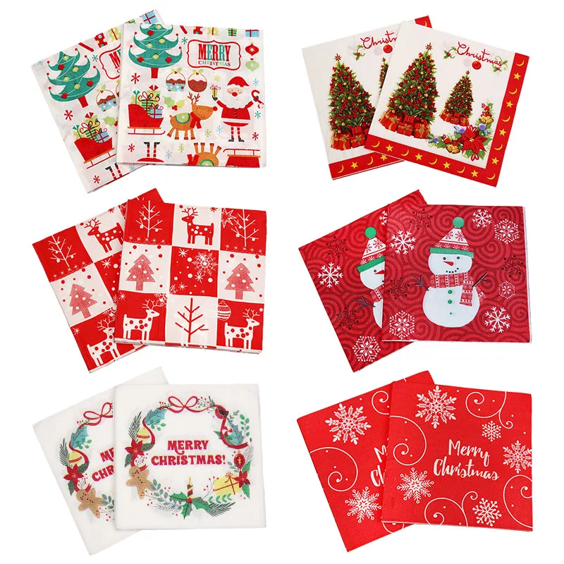 20pcs Christmas Paper Napkins Santa Claus Snowman Merry Christmas Decorations for Home New Year Disposable Tableware Supplies