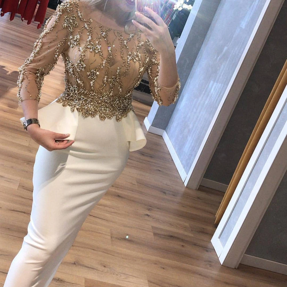 white prom dresses 2020 crew neckline sheath back slit evening dresses long sexy long sleeve beaded formal dresses