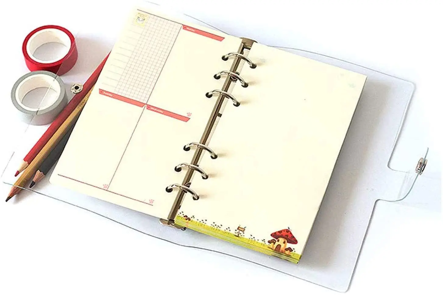 A5 /A6 Transparent 6 Ring Binder Cover Clean  Soft PVC for Refillable Notebook Shell with Snap Closure and 1 Ruler