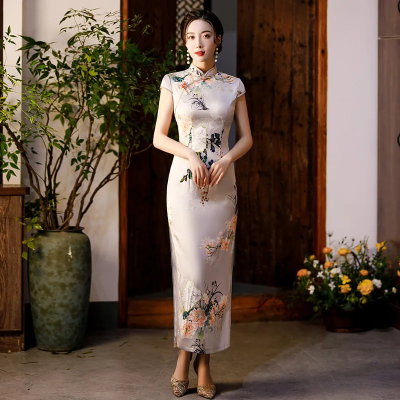 

Satin Floral Elegant Party Cheongsams Sexy Slim High Split Qipao Mandarin Collar Oriental Beauty Chinese Dress Women Prom Gown