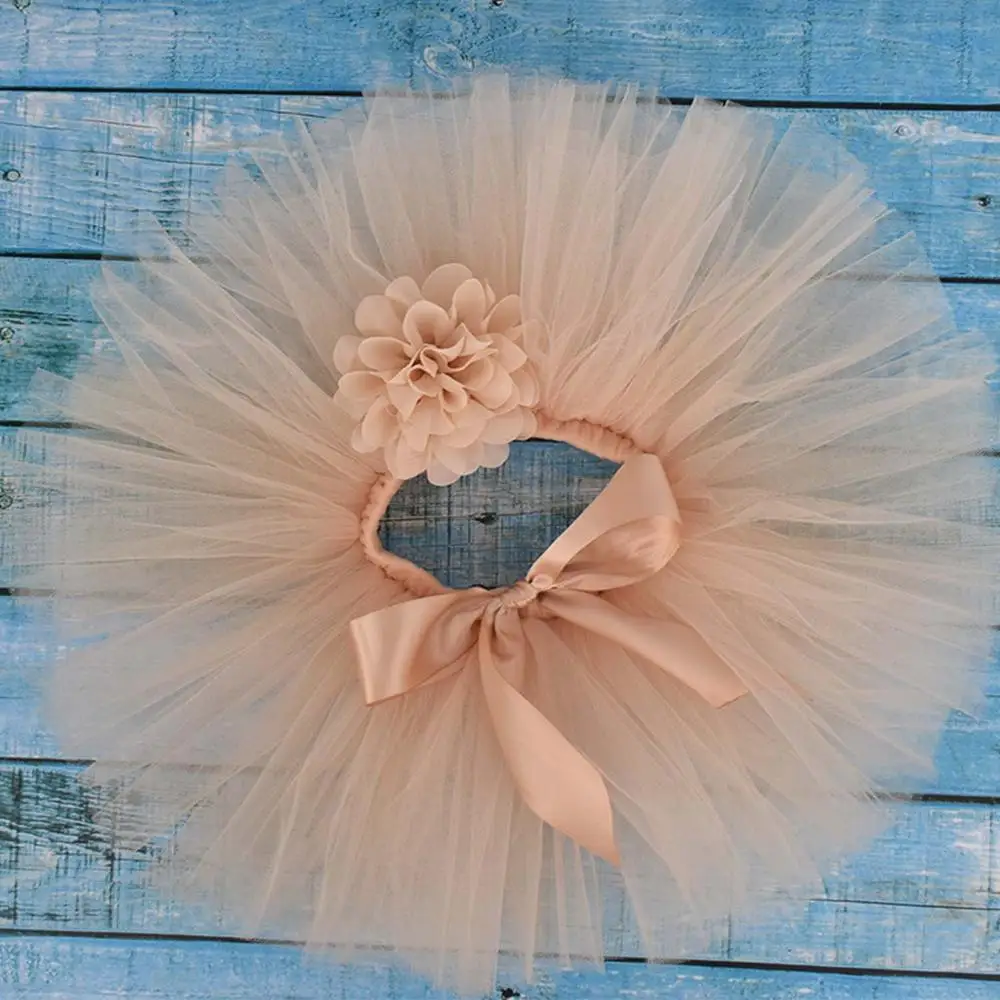 Beige Solid Bayi Gadis Fluffy Tutu Rok & Headband Set Newborn Foto Alat Peraga Kostum Bayi Ulang Tahun Tulle Rok Tutu untuk 0 -12M