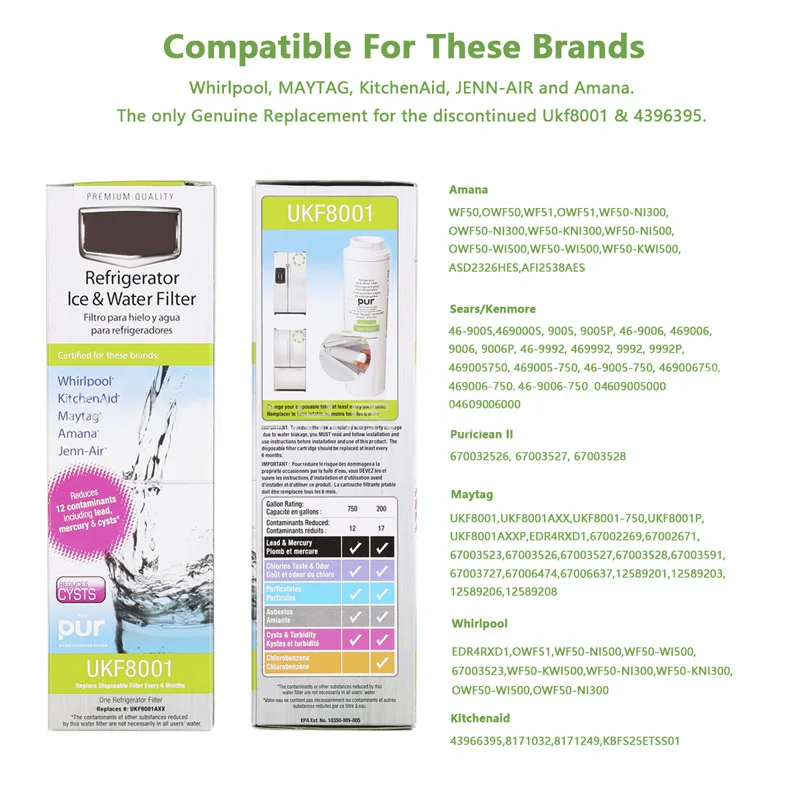 UKF8001 Cartuccia di ricambio per filtro dell'acqua per frigorifero compatibile con UKF8001AXX, 46-9992, 9005, filtro 4, 1 confezione