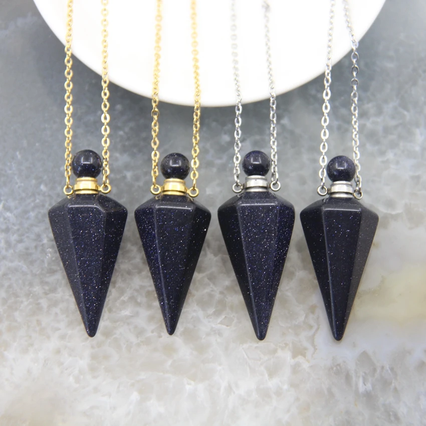 

Blue Goldstone Faceted Point Pendulum Perfume Bottle Pendants,Blue With Sparkles Essential Oil Diffuser Vial Necklace Jewelry