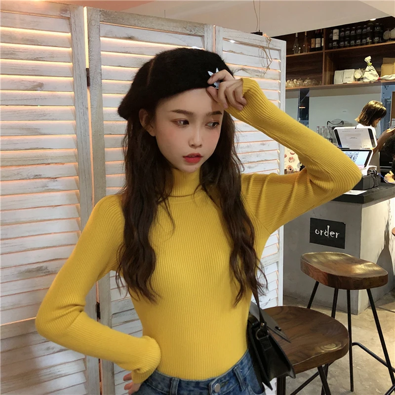 Zoki Turtleneck Women Knitted Pullovers Sweater Fashion Spring Autumn Jumper Basic Tops Casual Slim Long Sleeve Ladies Sweater