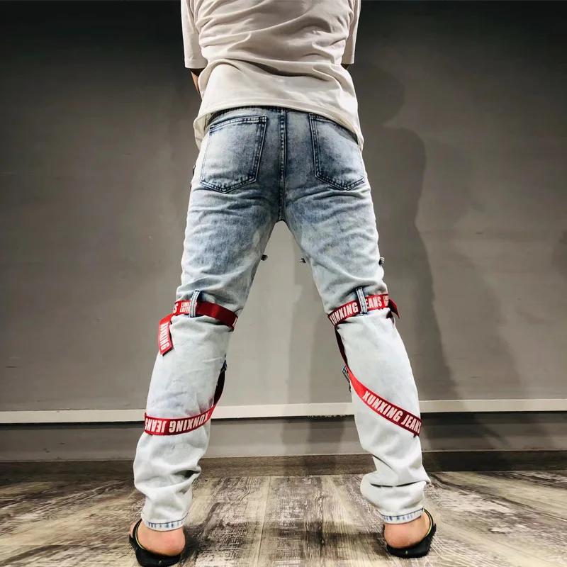 2022 Vibe Style Patch Straps Hole Ripped Punk Men Slim Jeans Trousers Zipper Hip Hop Vintage Pencil Denim Pants Pantalon Homme