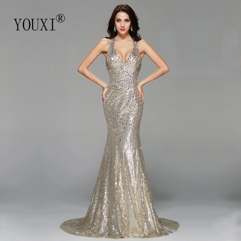 Customized Sexy Sequin Prom Dresses  Long Champagne Colorful Rhinestone Crystal Mermaid Vestidos de Fiesta Largos Gala