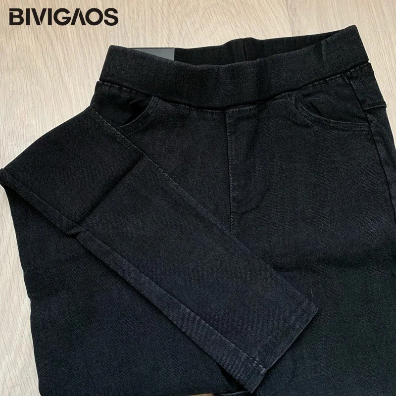 BIVIGAOS Spring Autumn Classic Basic Style Sand Wash Jeans Leggings Women Elastic Snowflake Denim Pencil Pants Skinny Jeggings