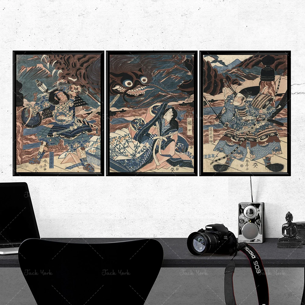 Battle Scene Triptych Monster Attack Vintage Japanese Horror Ukiyo-e Prints Japanese Warriors Posters Set Of 3 Antique Samurai