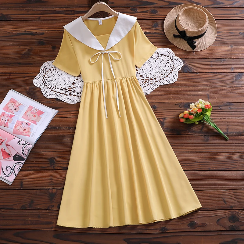 New cute sweet dress japan style short sleeve sailor collar mori girl casual vestidos