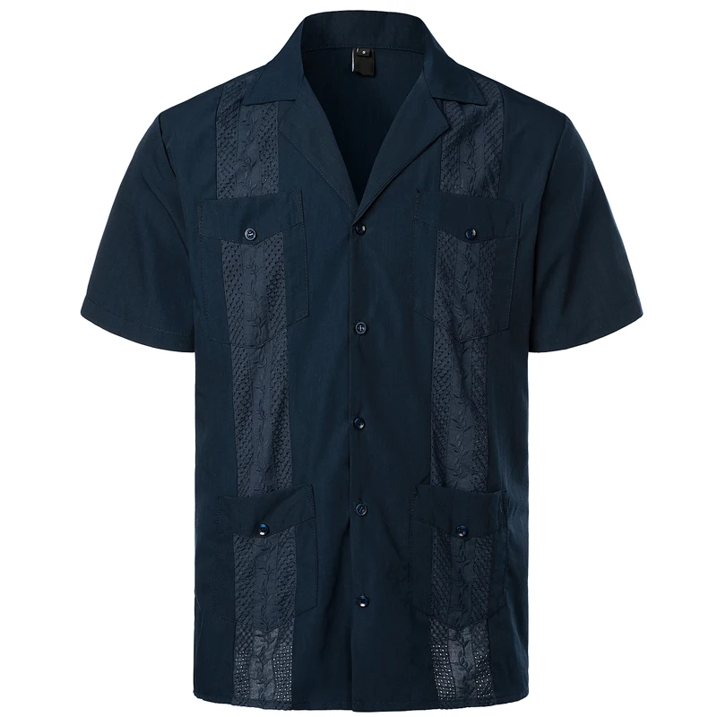 Camisas florais bordadas em retalho para homens, camisa de manga curta casual com bolso múltiplo, acampamento cubano, roupa étnica guayabera