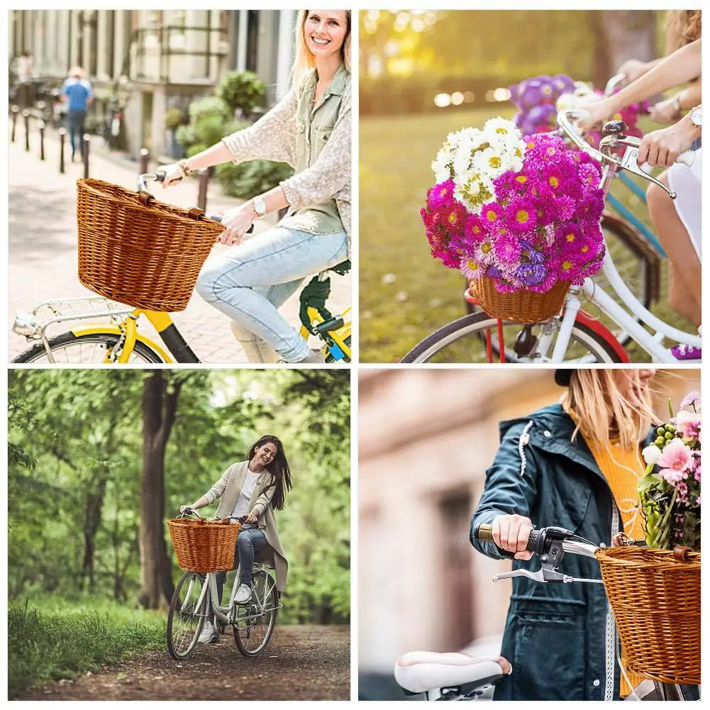 MTB Road Bike Basket With Leather Belt Bicycle Front Basket Natural Wicker Rattan Bike Storage Basket accesorios para bicicletas