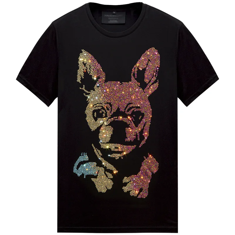 2024 Dogs Rhinestones T Shirts Men Brand Short Sleeve Fashion Man Streetwear O Neck Slim Modal Cotton T-shirt Male Plus Size 6XL