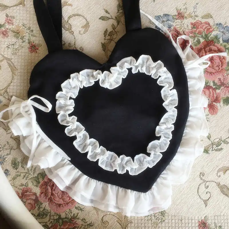 Japanese Princess Lolita Lolita ruffled heart-shaped canvas bag Soft Girl Cos Loli Tea Party College style handmade shoulder bag