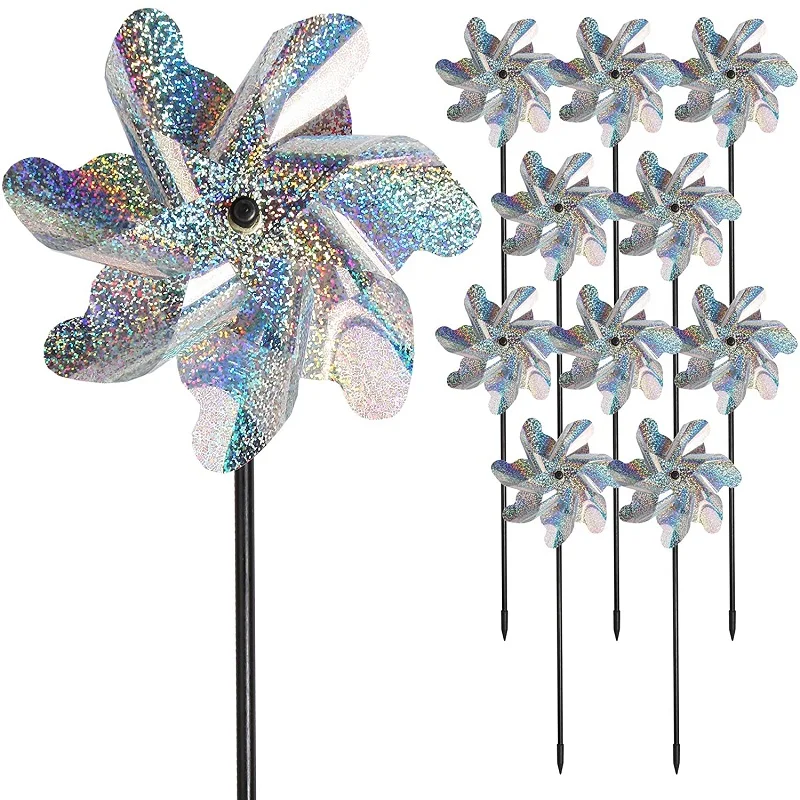 Moinho de vento Bird Repeller, Jardim Gramado, Quintal Deterrent, Pinwheel Prata, Ferramentas reflexivas, Sparkly Pinwheels, 5pcs