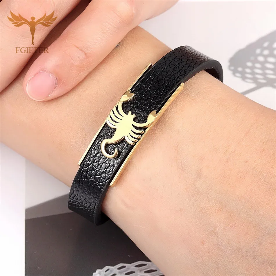 Punk Men Women Jewelry Insert Scorpion Bracelet Leather Steel Bracelets Gold Silver Color armband heren pulsera cuero hombre