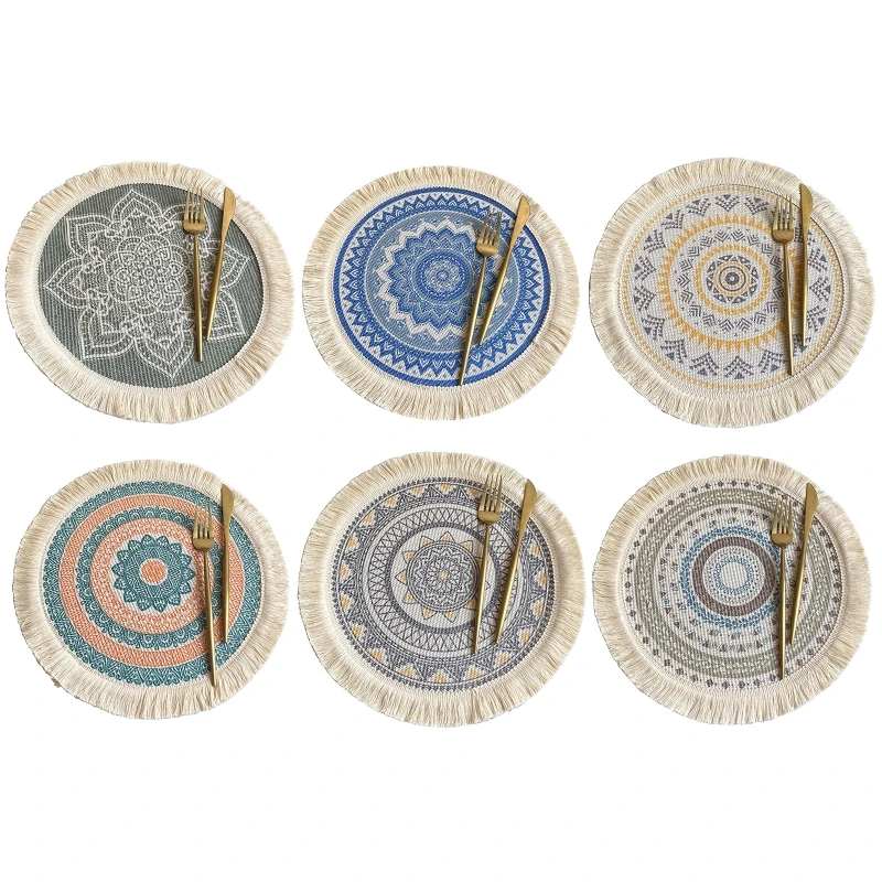 2024 New Round Placemats Boho Tassels Cotton Linen Dining Bohemian Woven Place Mat Table Mat Insulation Dining for Kitchen Decor