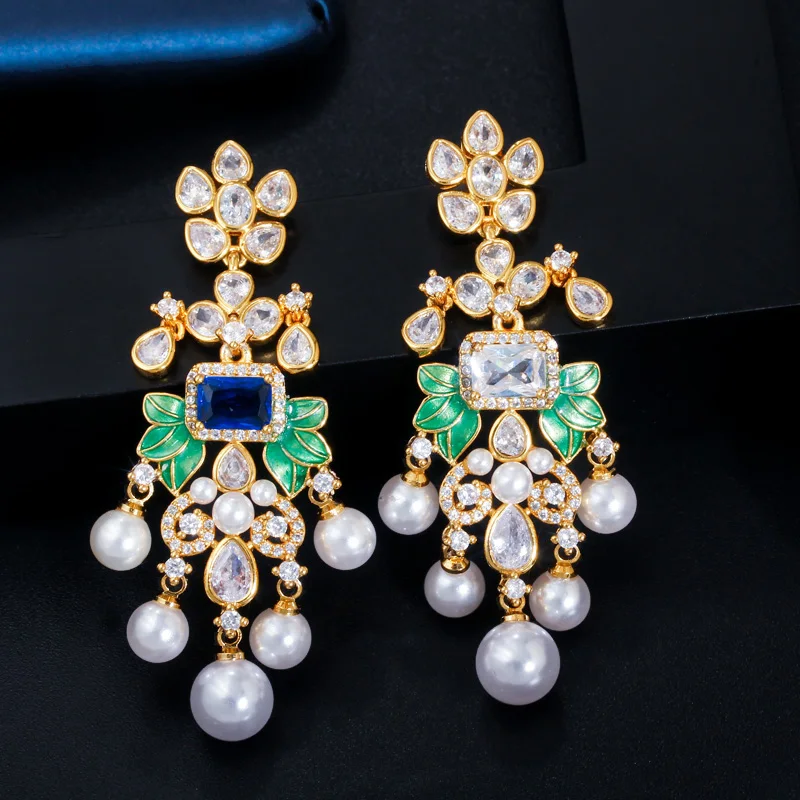 CWWZircons Blumen Zirkon Lange Hängeohrringe mit Perlen für Frauen Afrikanische Brautohrringe aretes de mujer modernos Großhandel E0375 – Detail 8