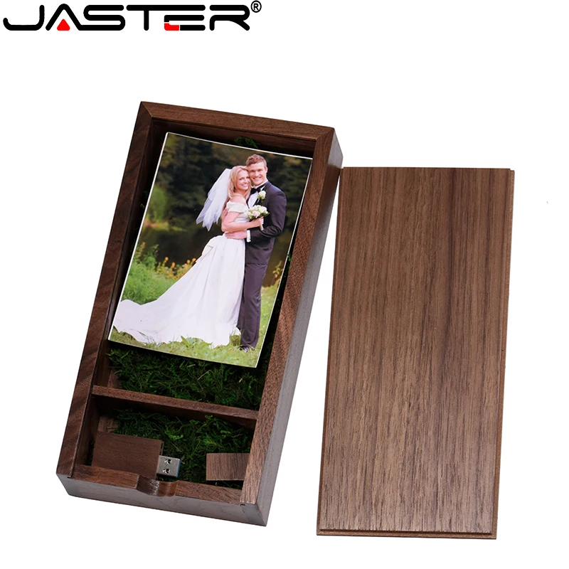 

JASTER USB flash drive Unique Free Custom logo Pen drive Photo Album Walnut Wooden Box Pendrive 128GB 64GB 32GB Wedding Gifts