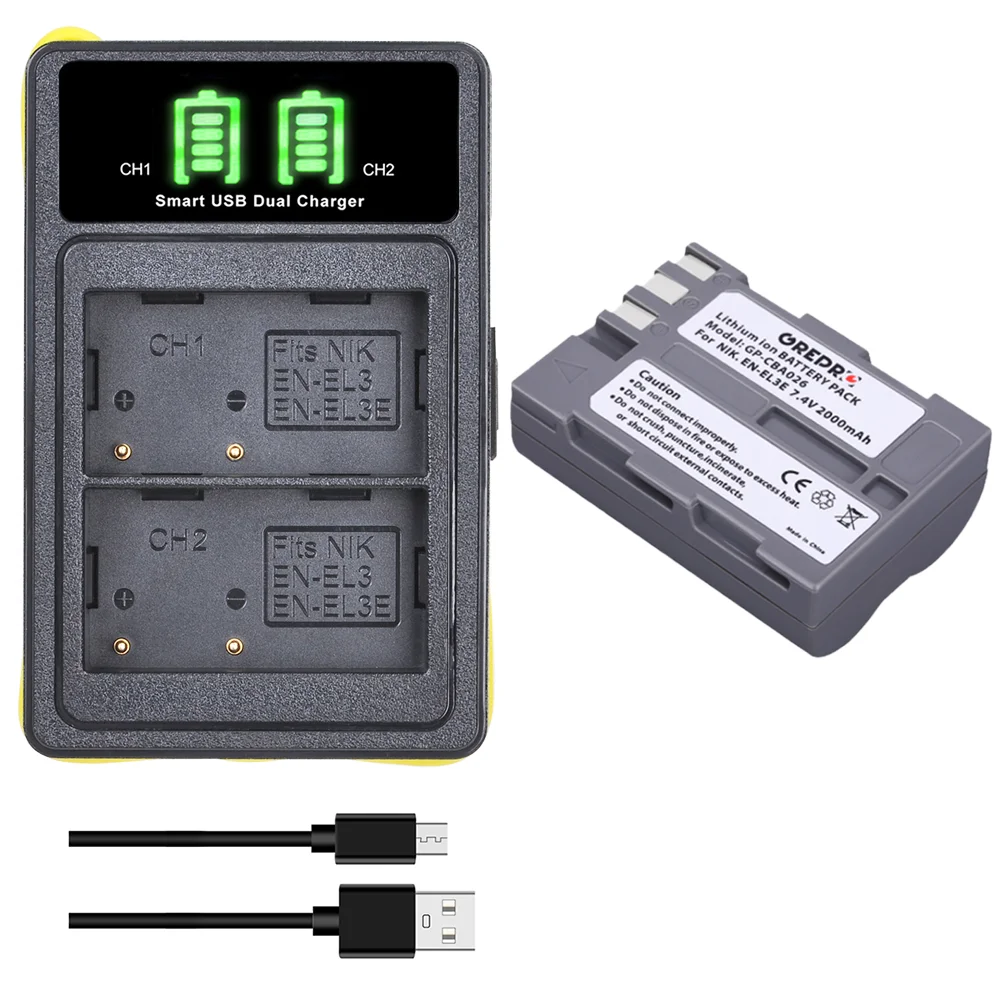 

2000mAh EN-EL3e Battery + Charger with Build-in USB and Type-c for Nikon EN EL3e, D80 D700 D90 D300S D200 D70 D50 D100 D300 DSLR