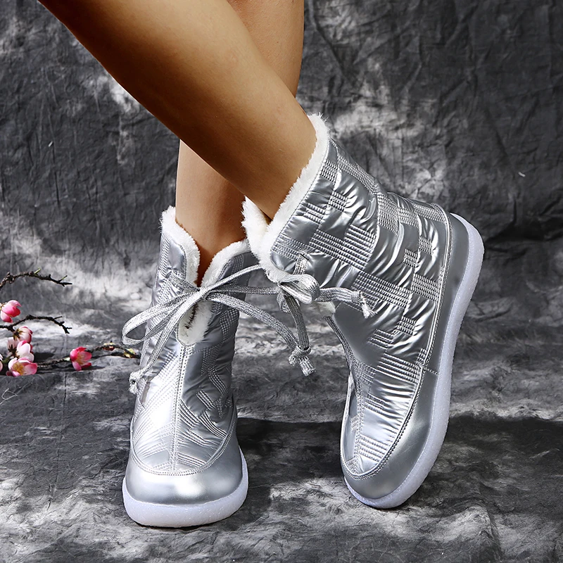 LazySeal New Warm Winter Snow Boot Shoes Women Silver Furry Lace Up Transparent Jelly Shoes Plush Ankle Boots Big Size 43