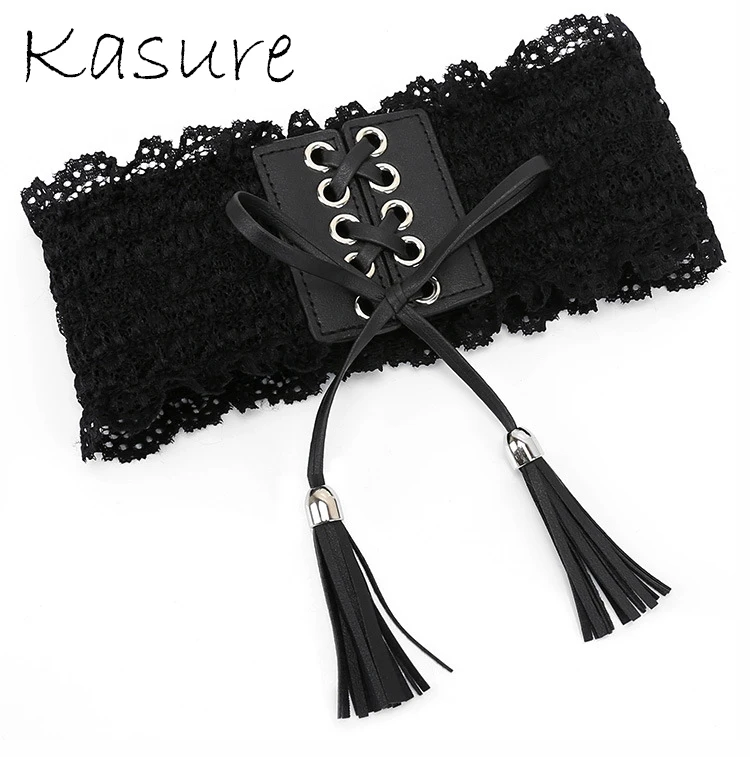 Kasure Women Elegant Elastic Stretch Wide Waist Band Tassel Bow Waist Belt Bowknot Tie Corset Lady Fashion Lace Corset Waistband