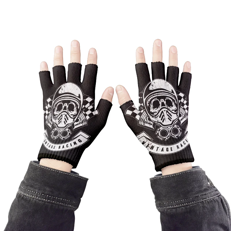 1Pair Personalized Skull Printed Women's Knitted Half Finger Windproof Gloves Unisex Fingerless Half Finger Cycling Gloves