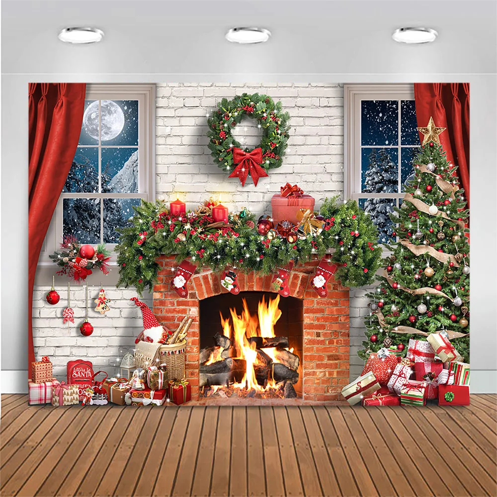 Mocsicka-クリスマスツリーの写真の背景,白いレンガの壁,暖炉,クリスマスリース,家族の肖像画,写真の背景