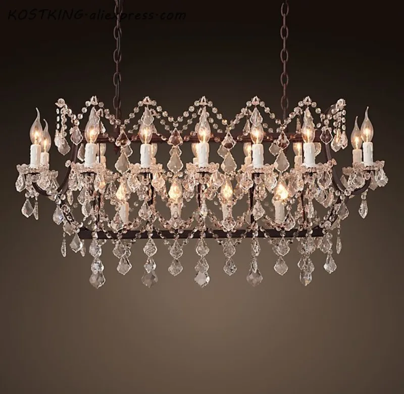 19th C. Rococo Iron & Crystal Rectangular Chandelier Lighting LED Crystal Chandelier Vintage Hanging Lamp for Living Dining Room