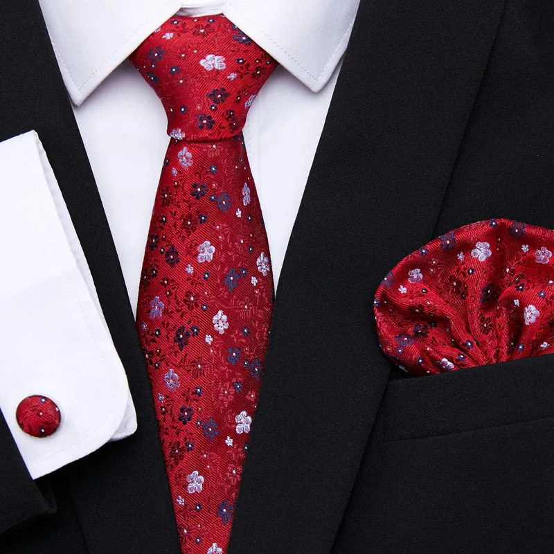 New Red Tie Silk Woven Men Necktie Hanky Cufflinks Set Luxury Men's Party Corbatas Office Gravatas Fit Wedding Gift Holiday