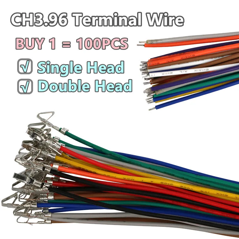 100PCS CH3.96 Electronic Terminal Wire Single/Double Head 5.08 Universal 20AWG Color Connection Harness 3.96mm Pitch 10~40CM