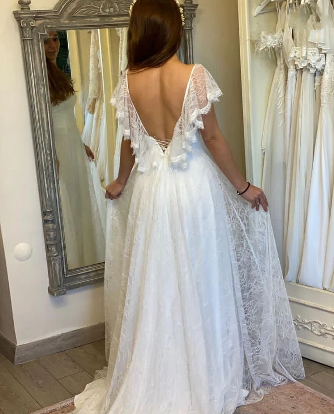 Vestido De novia De corte en A, bohemio, con cuello en V, encaje hasta el suelo, espalda baja, manga corta, encantador