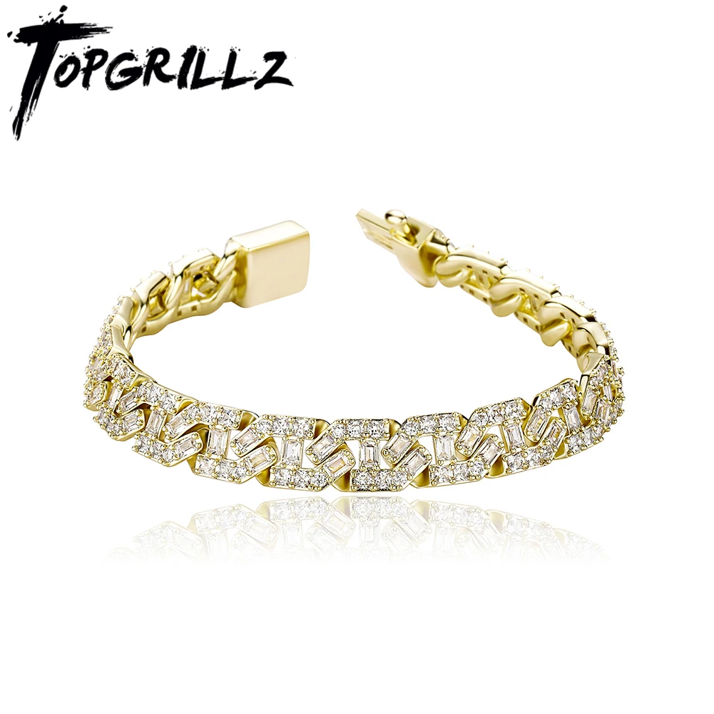 

TOPGRILLZ High Quality 9mm Iced Out Baguette Prong Cuban Bracelet With New Spring Ring Clasps Hip Hop Jewelry For Men Women