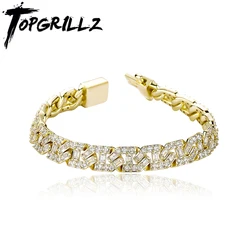 TOPGRILLZ High Quality 9mm Iced Out Baguette Prong Cuban Bracelet With New Spring Ring Clasps Hip Hop Jewelry For Men Women