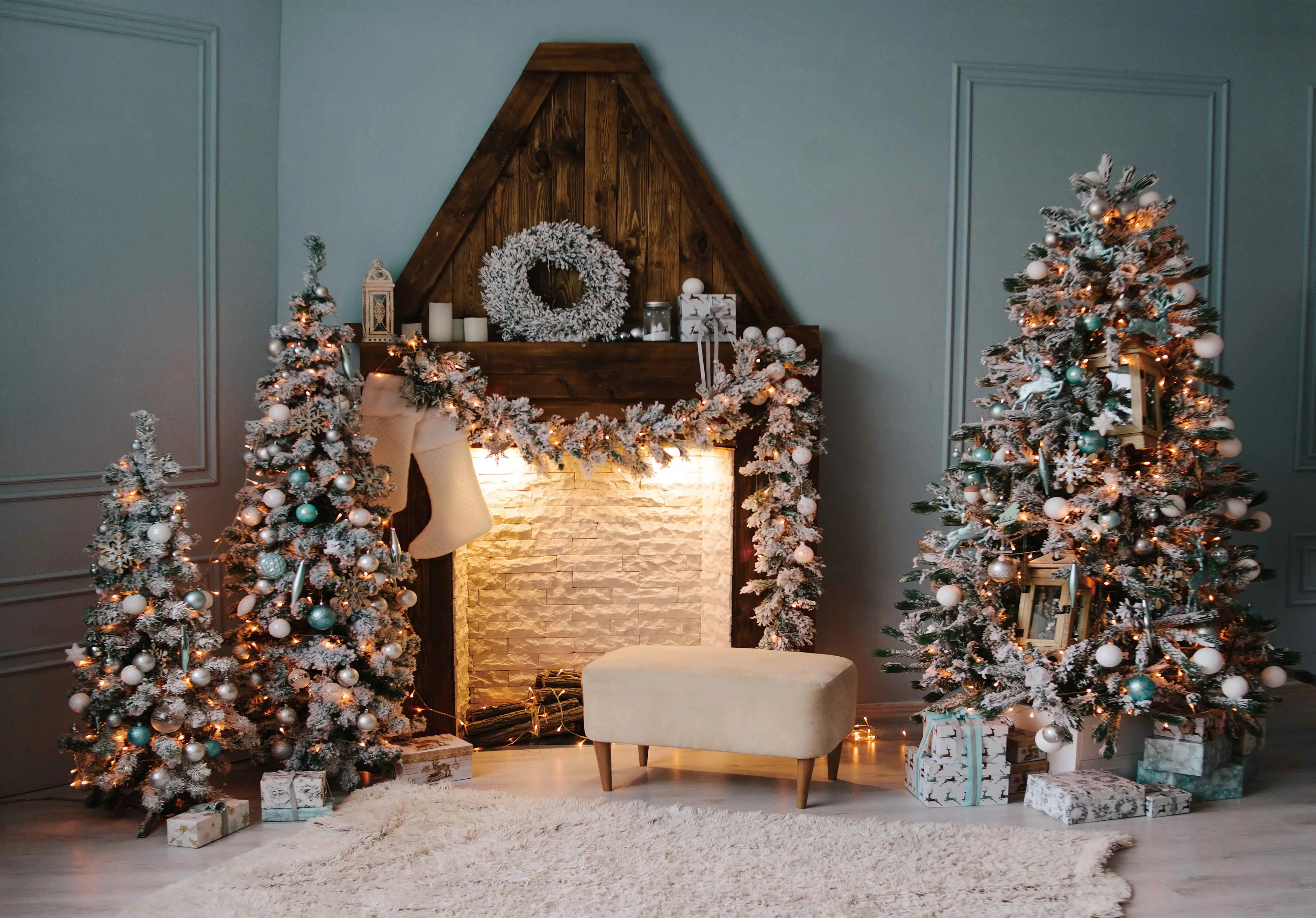 Allenjoy Christmas Fireplace Photophone Wreath Tree White Snow Winter Family Decor Photography Backdrop Photo Studio Background