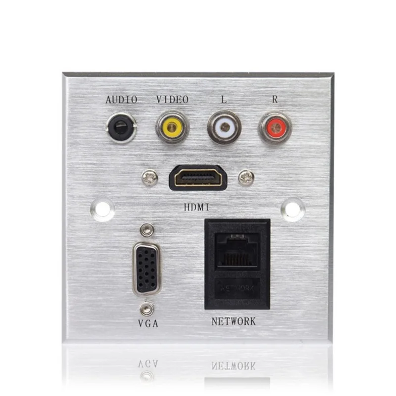 Aluminum Panel Wall Multimedia Socket HDMI-compatibl+VGA+RJ45+3.5MM Jack+FL+FR Signal Interface Panel Socket